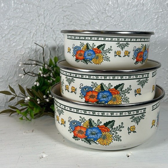 Enamelware Other - VTG Enamelware Old Amsterdam Floral & Leaf Mixing Nesting Stackable 3 Bowls
